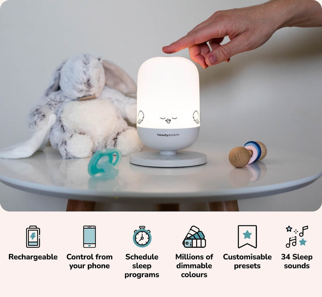 The tweetydreams white noise machine shown next to a toy rabbit