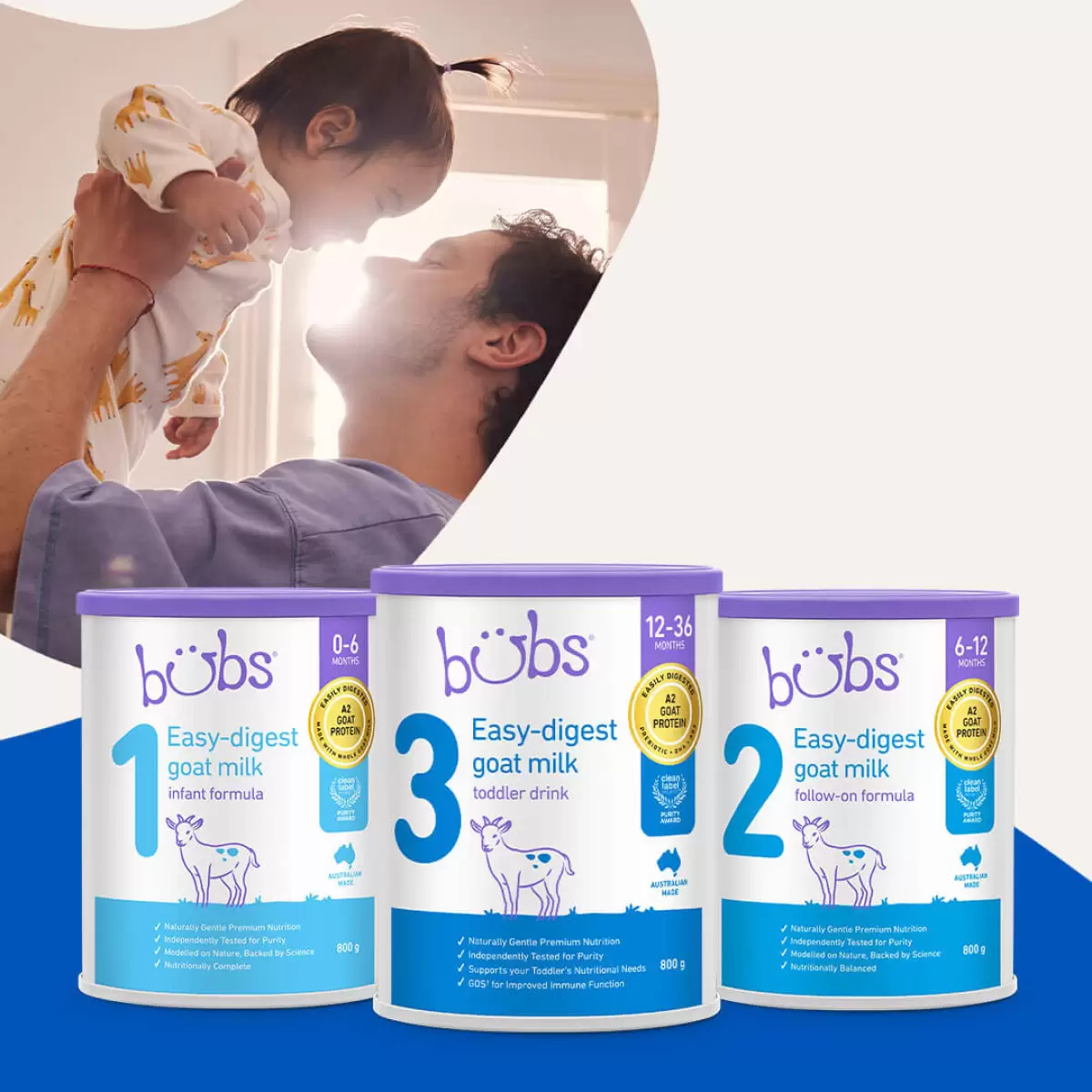 Three cans of Bubs Australian Goat Milk Stage 1, Stage 2, and Stage 3 – complete goat milk formula range for infants and toddlers