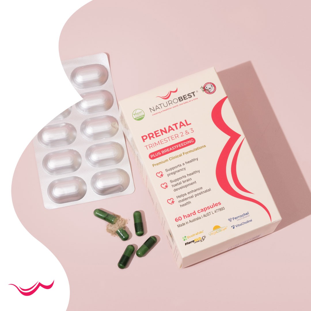 Flat lay of energy-boosting NaturoBest pregnancy supplement with water glass and capsules – ideal supplements to increase energy for mums.