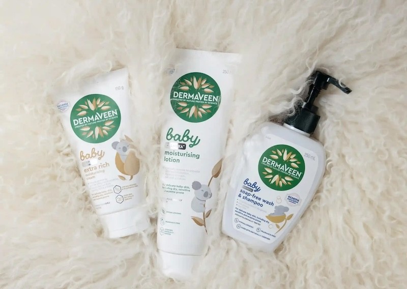 Dermaveen baby calmexa eczema cream and wash shown on a rug