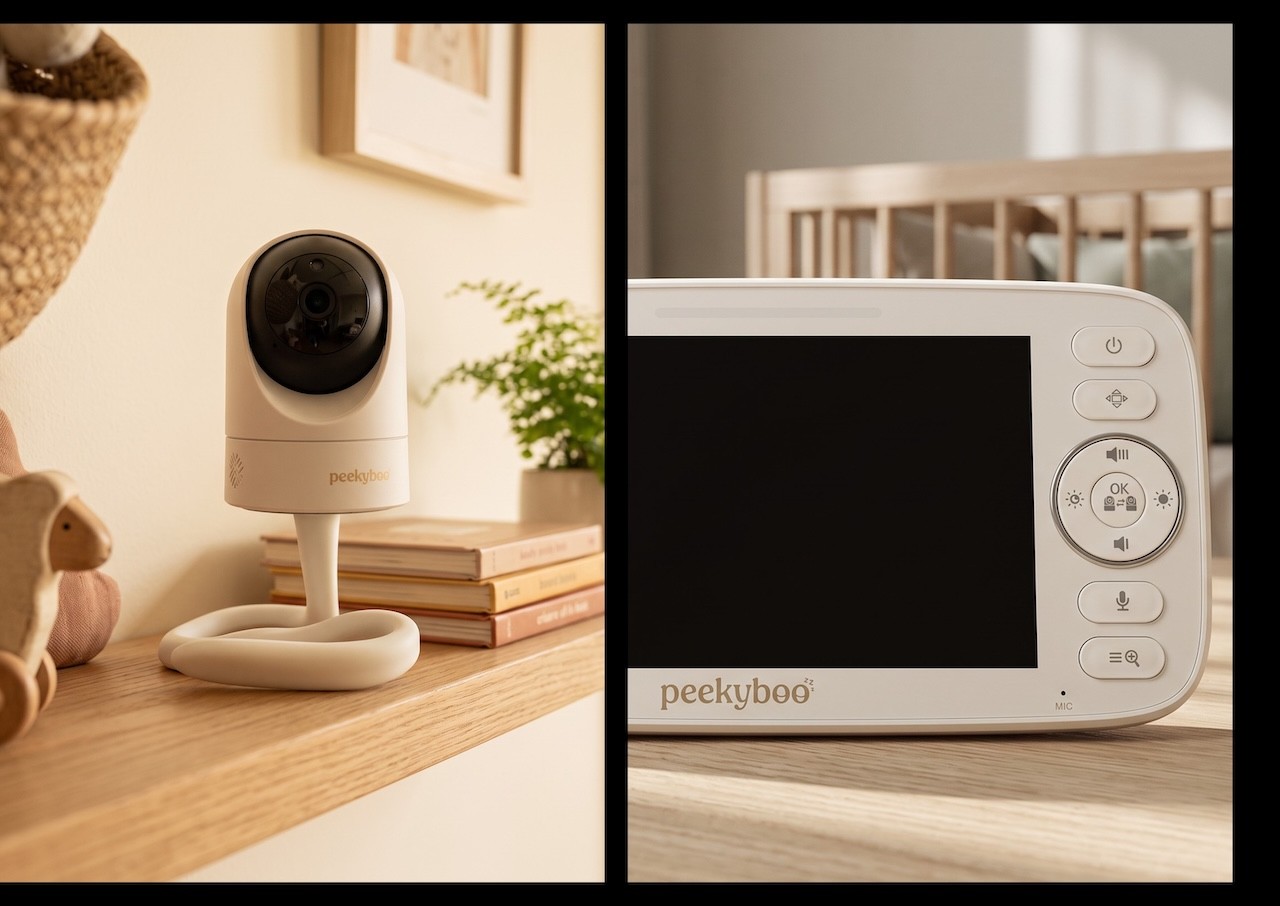 The peekyboo baby monitor side by side with parent screen