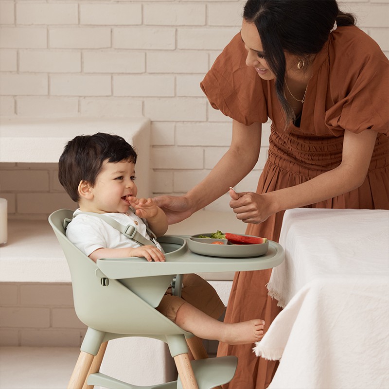 A baby in the redsbaby hilo high chair