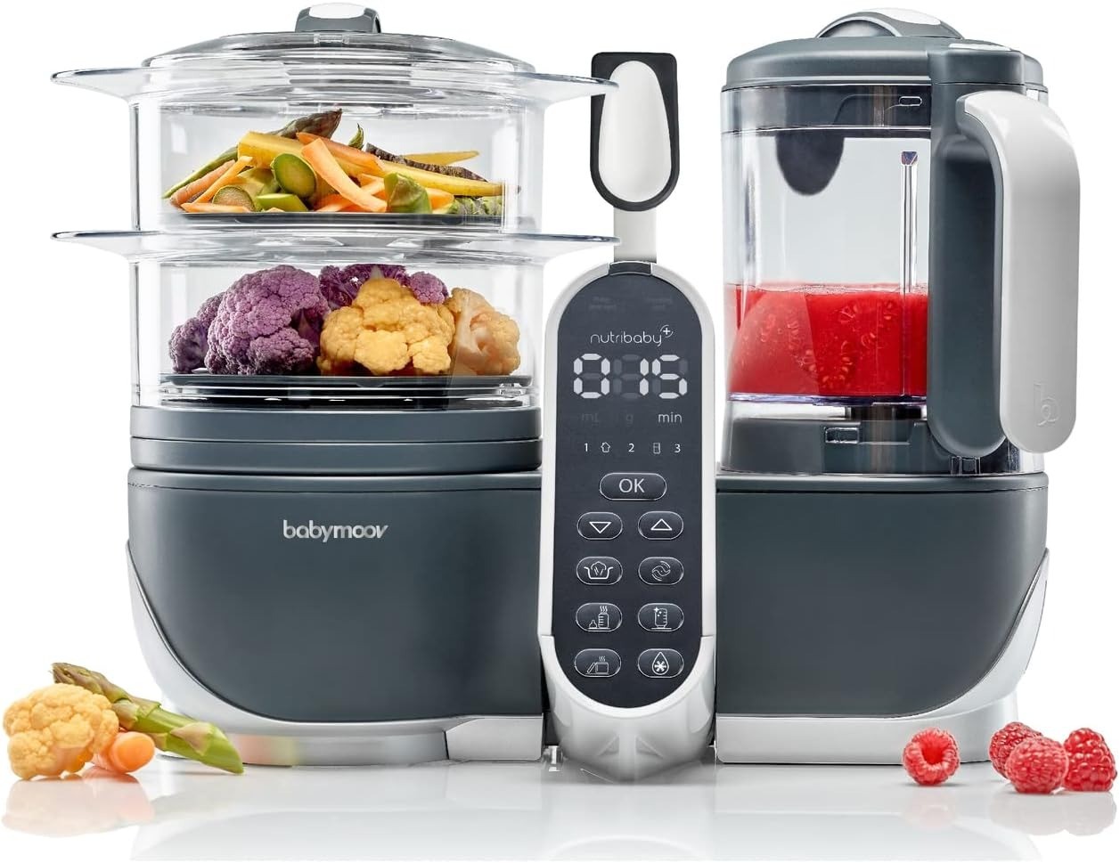 The babymoov baby food maker shown with food in it
