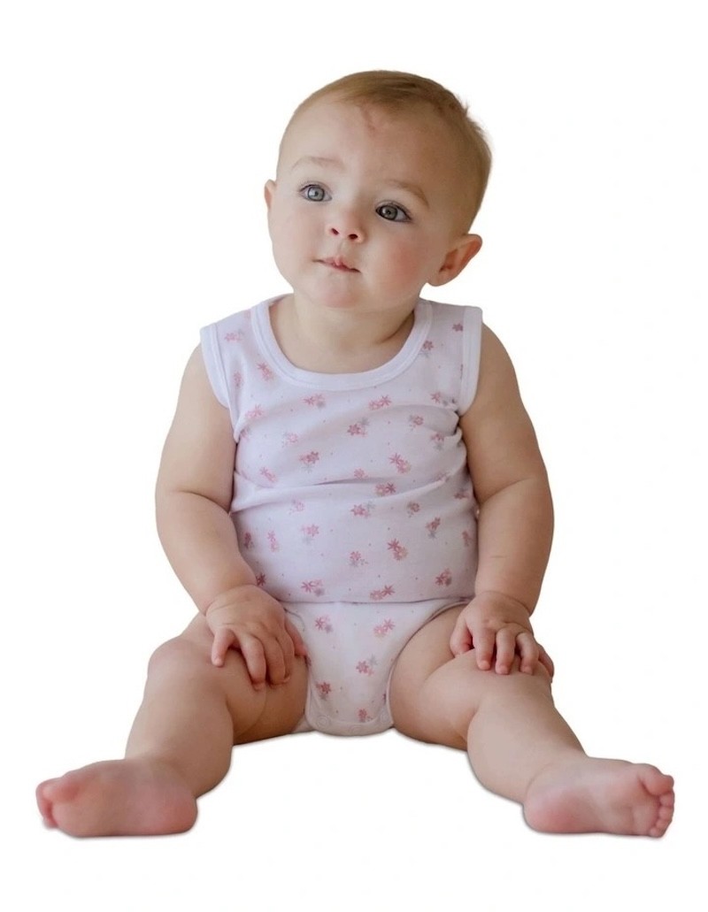 a baby in a sleeveless baby bodysuit