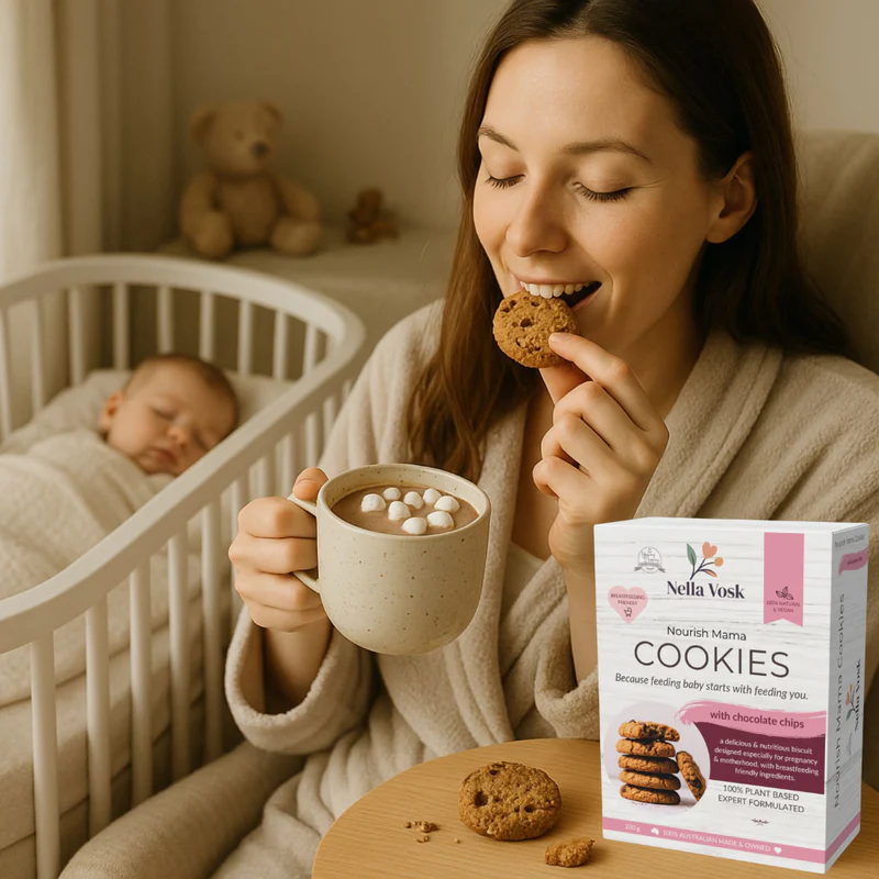 A mum eating a lactation biscuit next to her sleeping baby