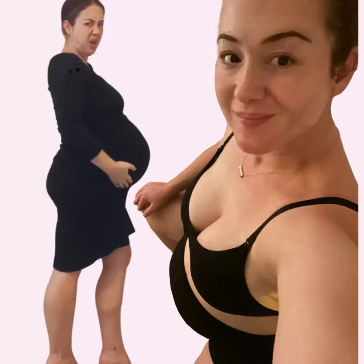 Two pictures of a pregnant mum highlighting common annoying pregnancy symptoms in daily life.