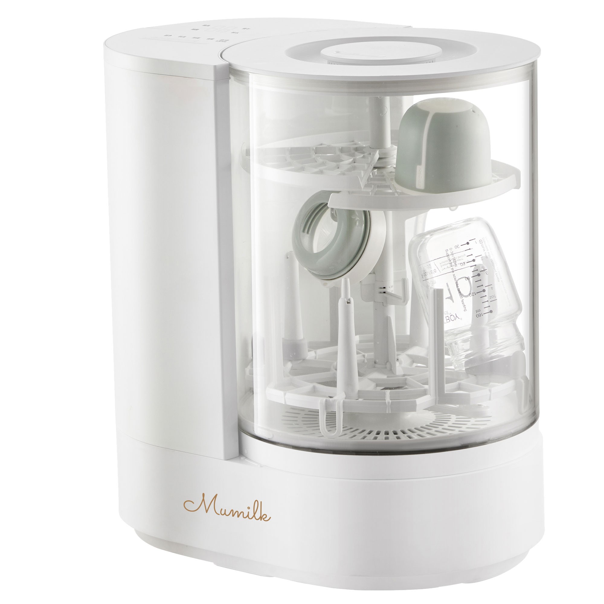 Quiet, compact bottle steriliser and dryer offering high-temp steam cleaning and gentle heat drying for baby bottles and teats