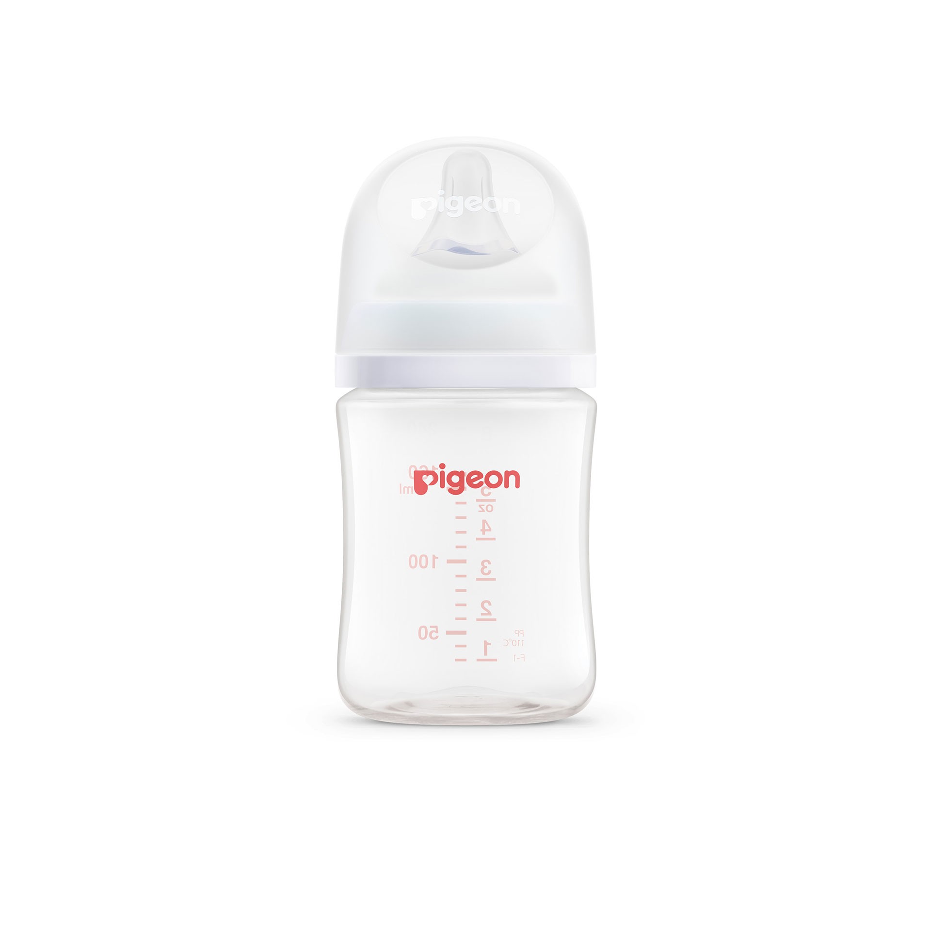 Pigeon baby bottle with lid displayed on a white background featuring a lightweight design that is easy to hold during feeds.