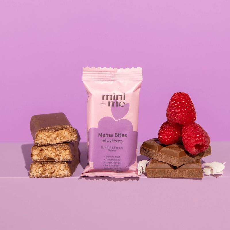 Krumbled foods mama bites shown next to chocolate and raspberries