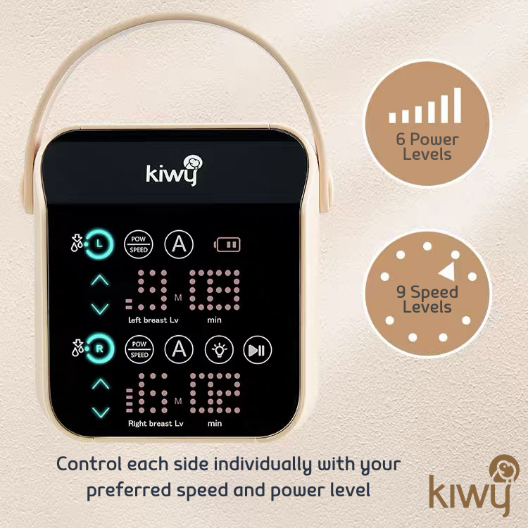 Close-up view of the Kiwy Miya hospital grade breast pump with overlay texts explaining how to choose the right breast pump.