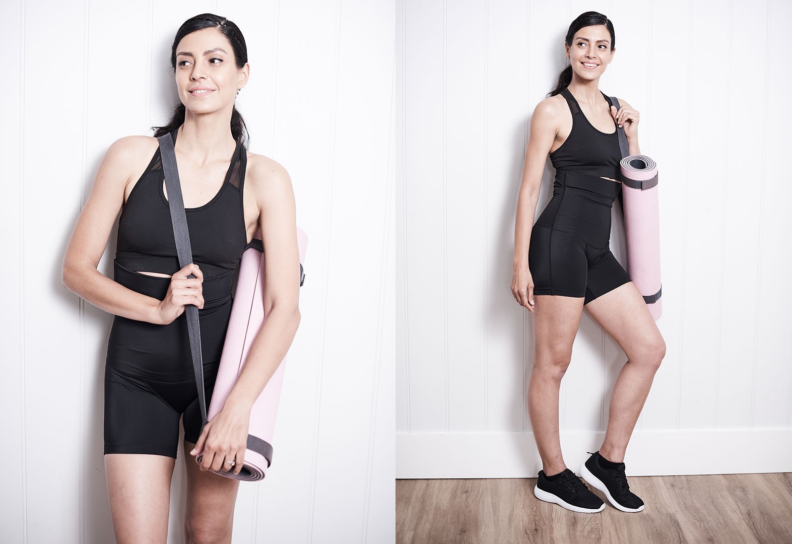 Mum in maternity activewear wearing SRC Recovery Shorts with yoga mat on her shoulder ready for postpartum workout.