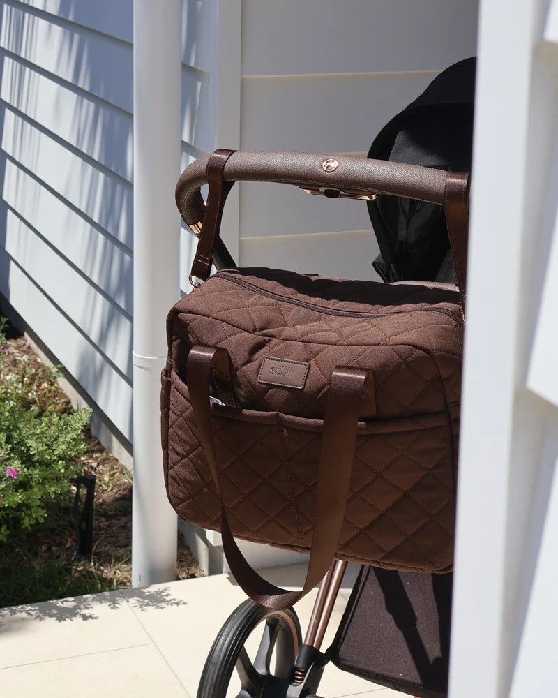 The Sable Bebe nappy bag shown in chocolate brown
