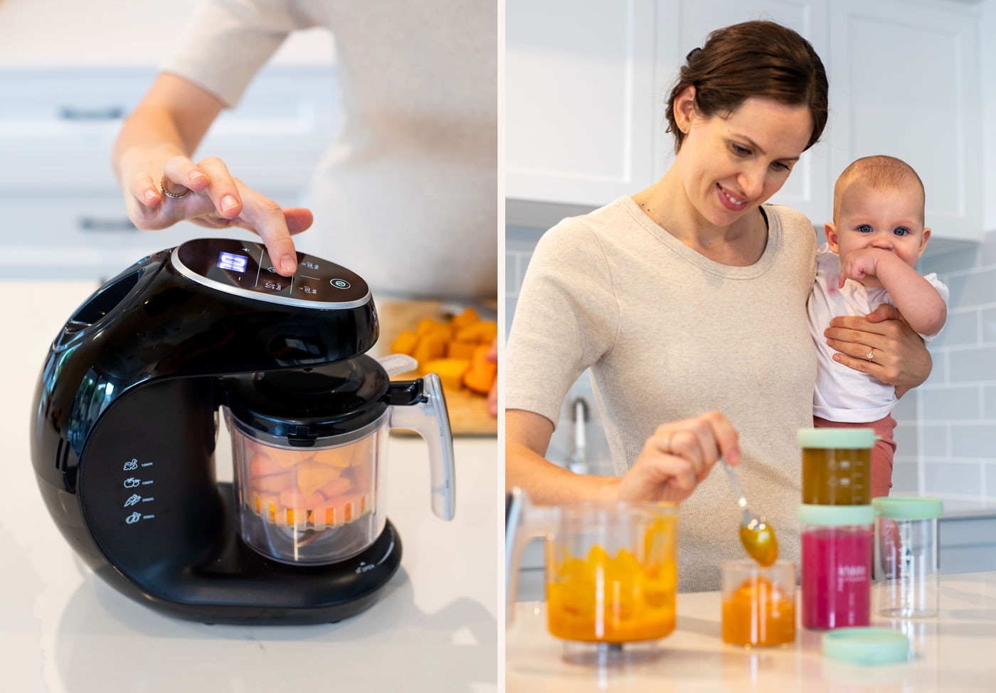 Side-by-side view of a mum preparing baby food with Kiddokook Pro best baby food maker and a close-up of the machine’s interface.