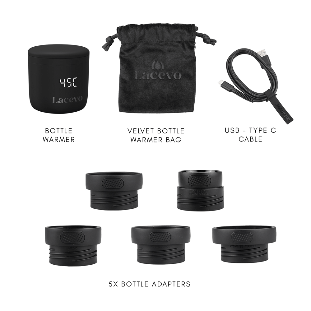Close-up of Lacevo bottle warmer set showing warmer and included accessories