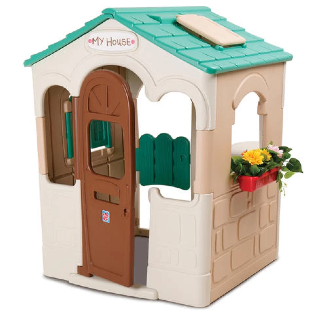 White background product shot of a plastic cubby house, part of the best cubby house collection.