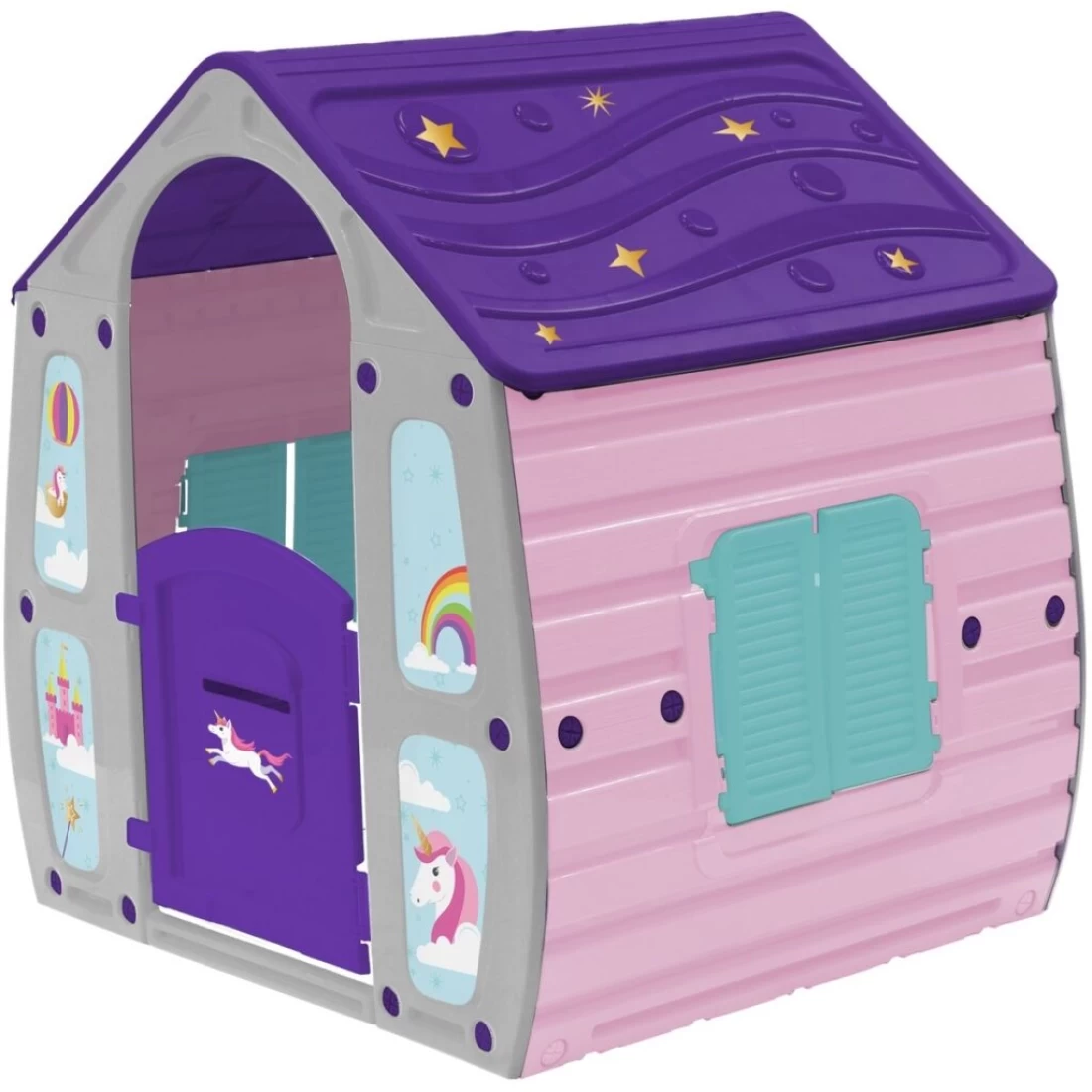 Purple and pink cute cubby house on white background, one of the best cubby houses for kids.