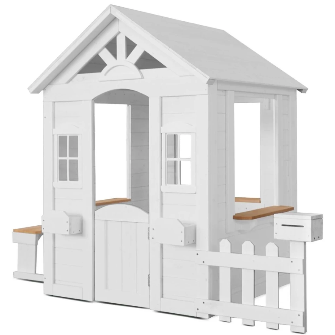 Minimalist white cubby house on white background, part of the best cubby houses for kids.