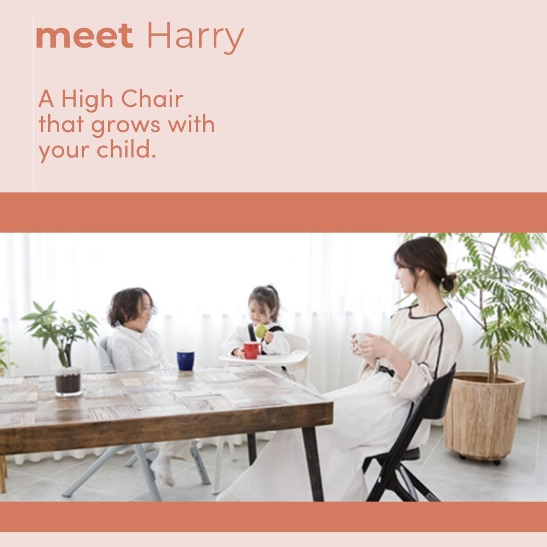 Two toddlers and one adult sitting comfortably on the BabyStudio Harry best highchair showcasing adjustable design.