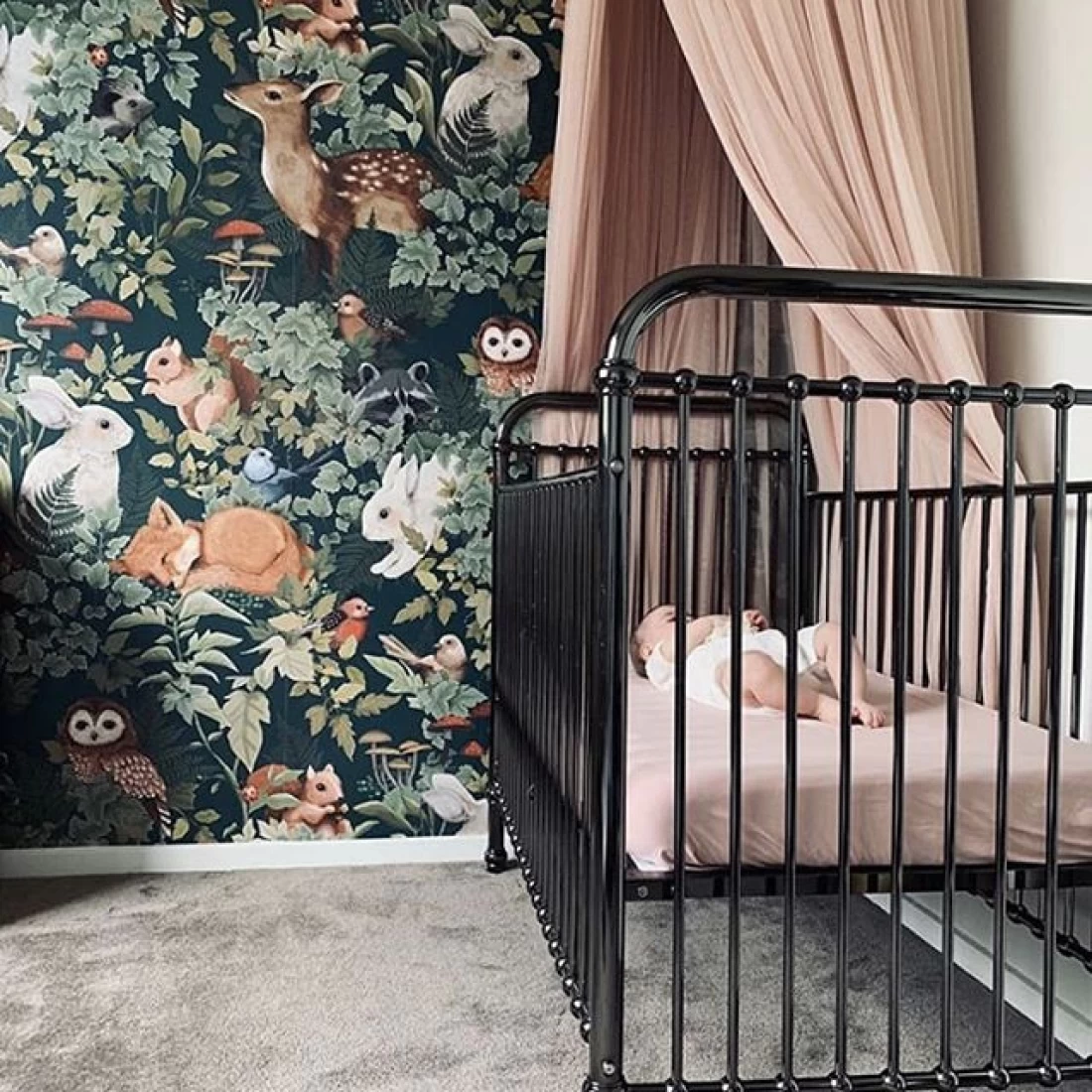 Minimalist nursery featuring a black crib and peach cloth accent, showcasing the best baby girl nursery ideas in style.