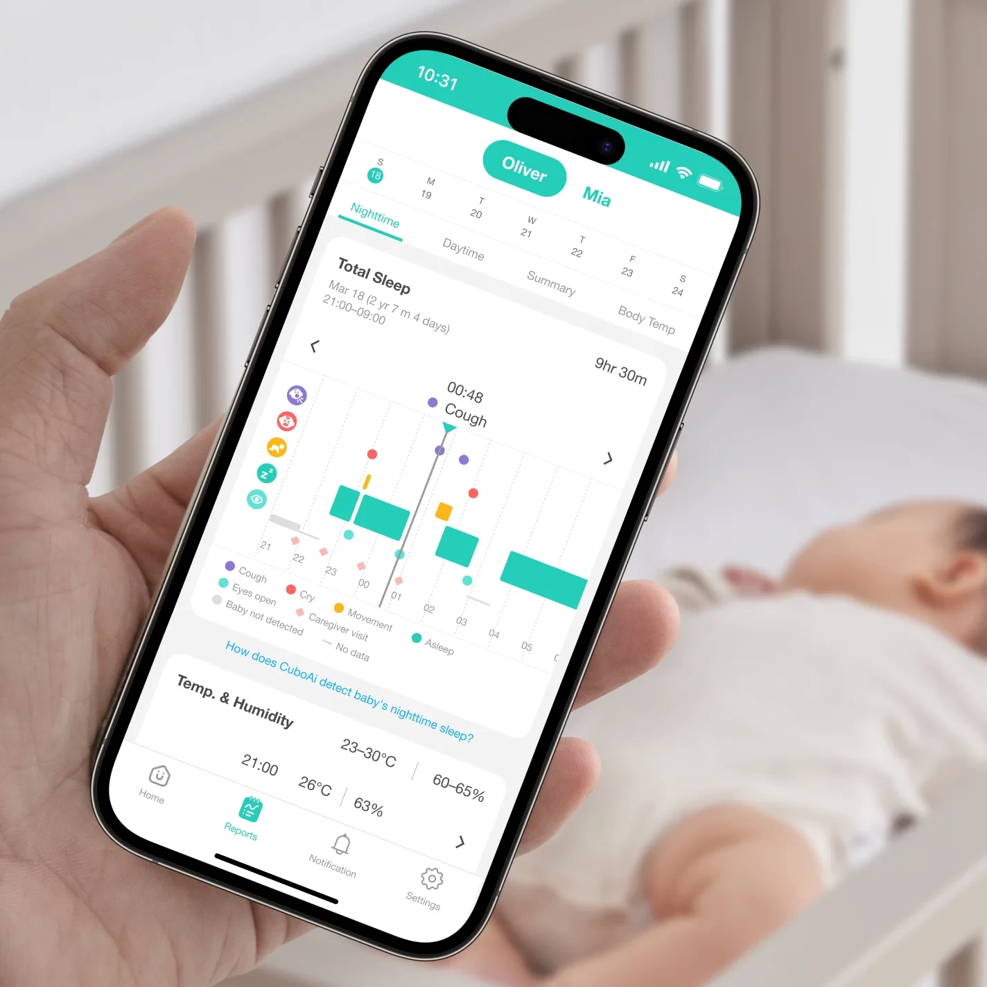 Cuboai baby monitor screen shown on a smart phone