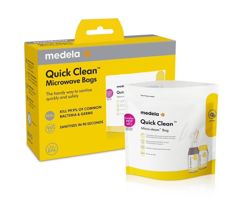 The Medela Quick Clean microwave bags shown with one bag out of the packet