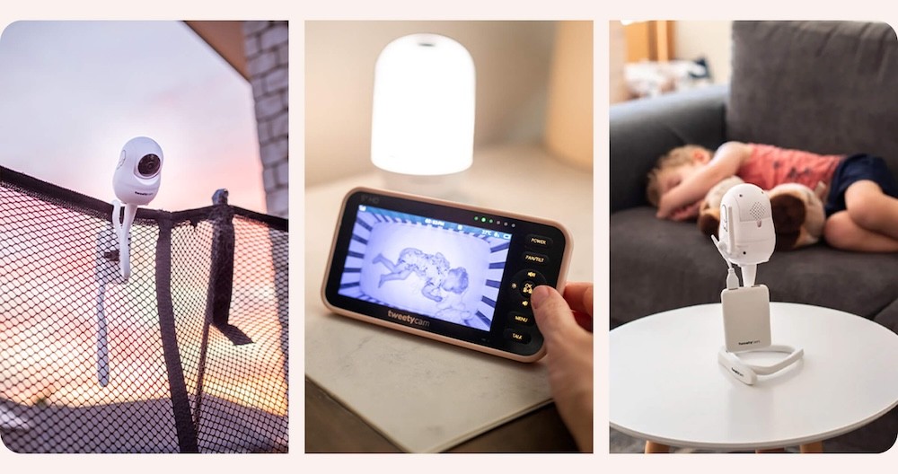 Three images of the Tweetycam baby monitor showing its versatility in an Australian home