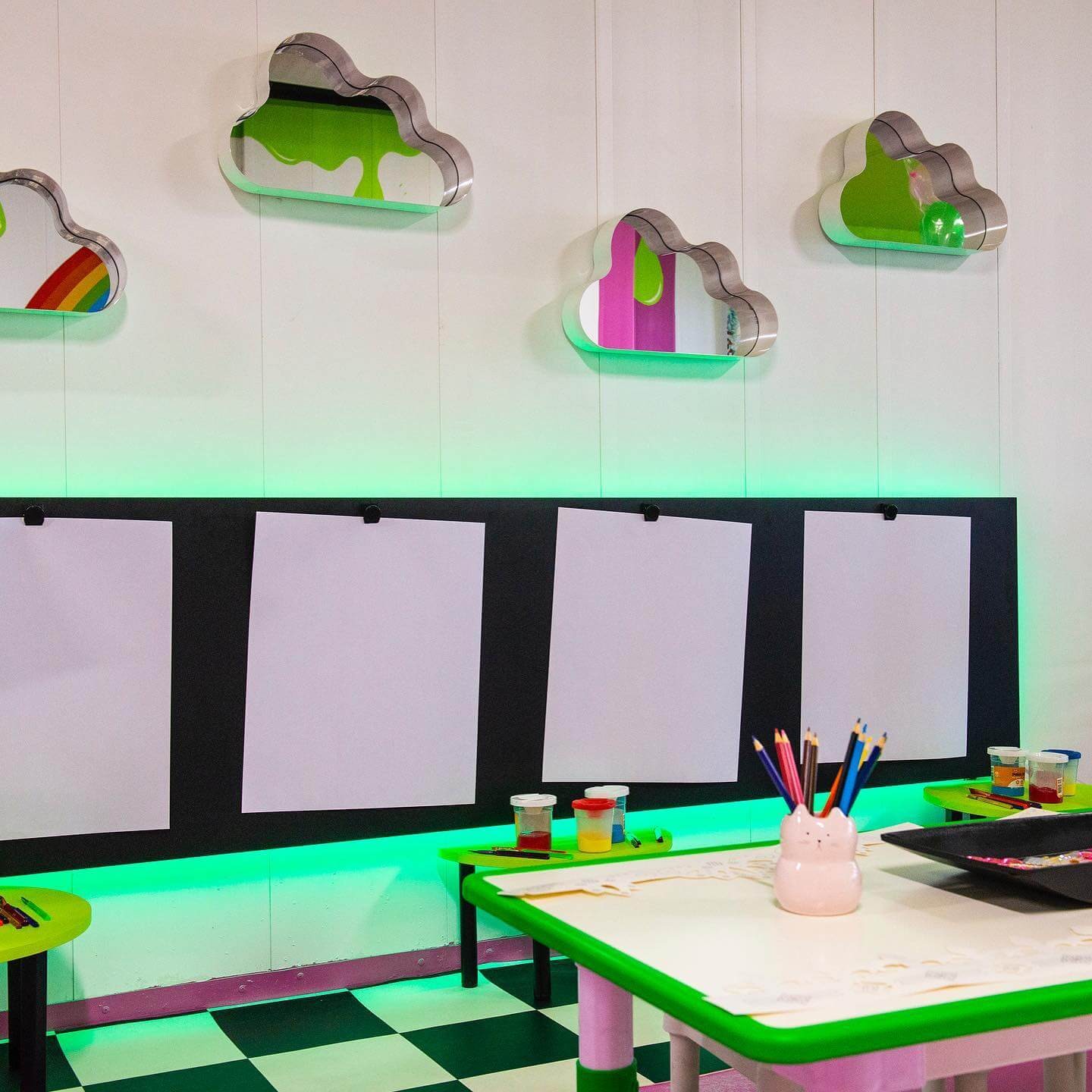 Neon light green party decorations inside the venue perfect for the best kids party ideas