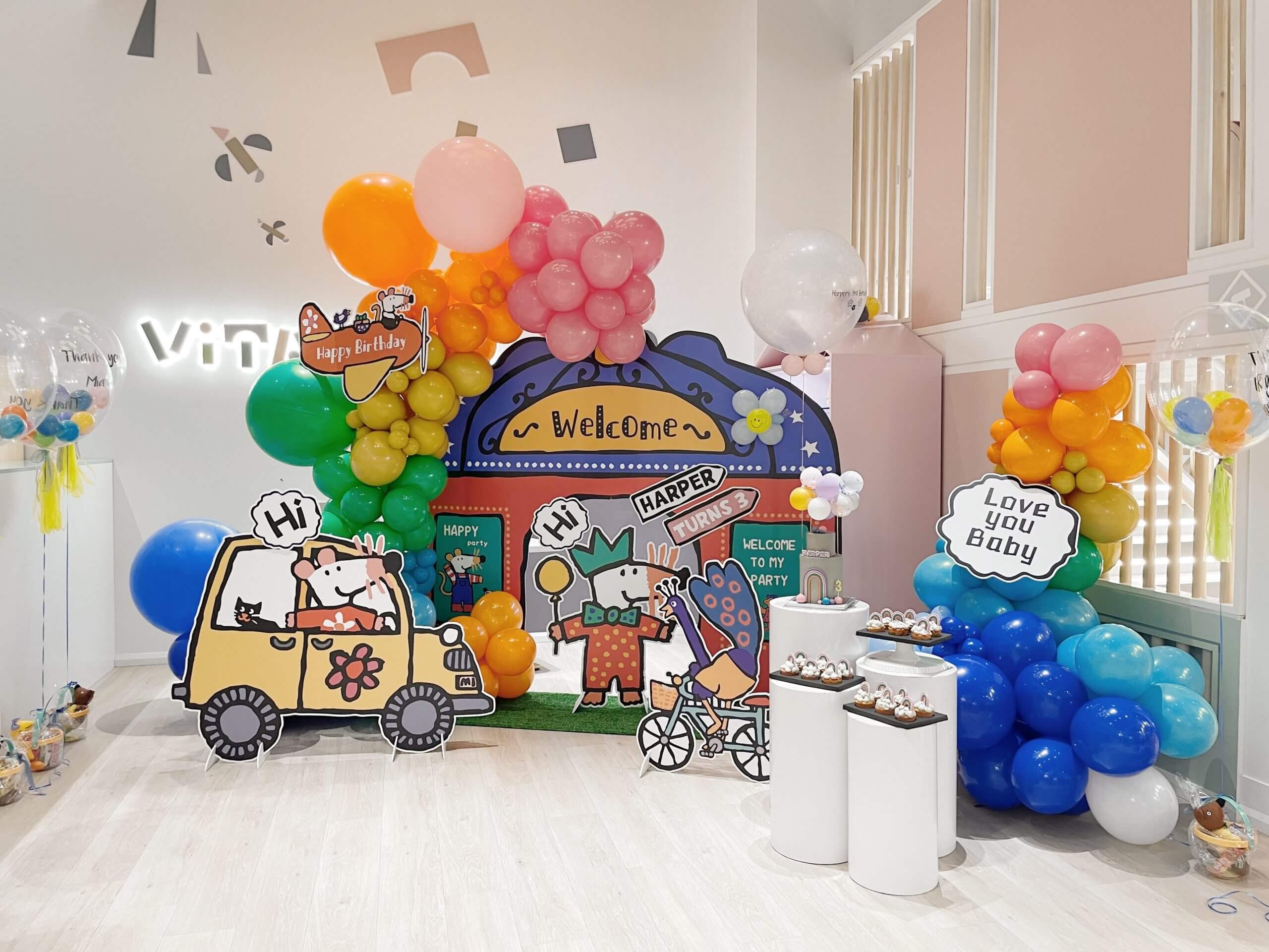Colourful birthday party decorations at a Kids Cafe representing the best kids party ideas