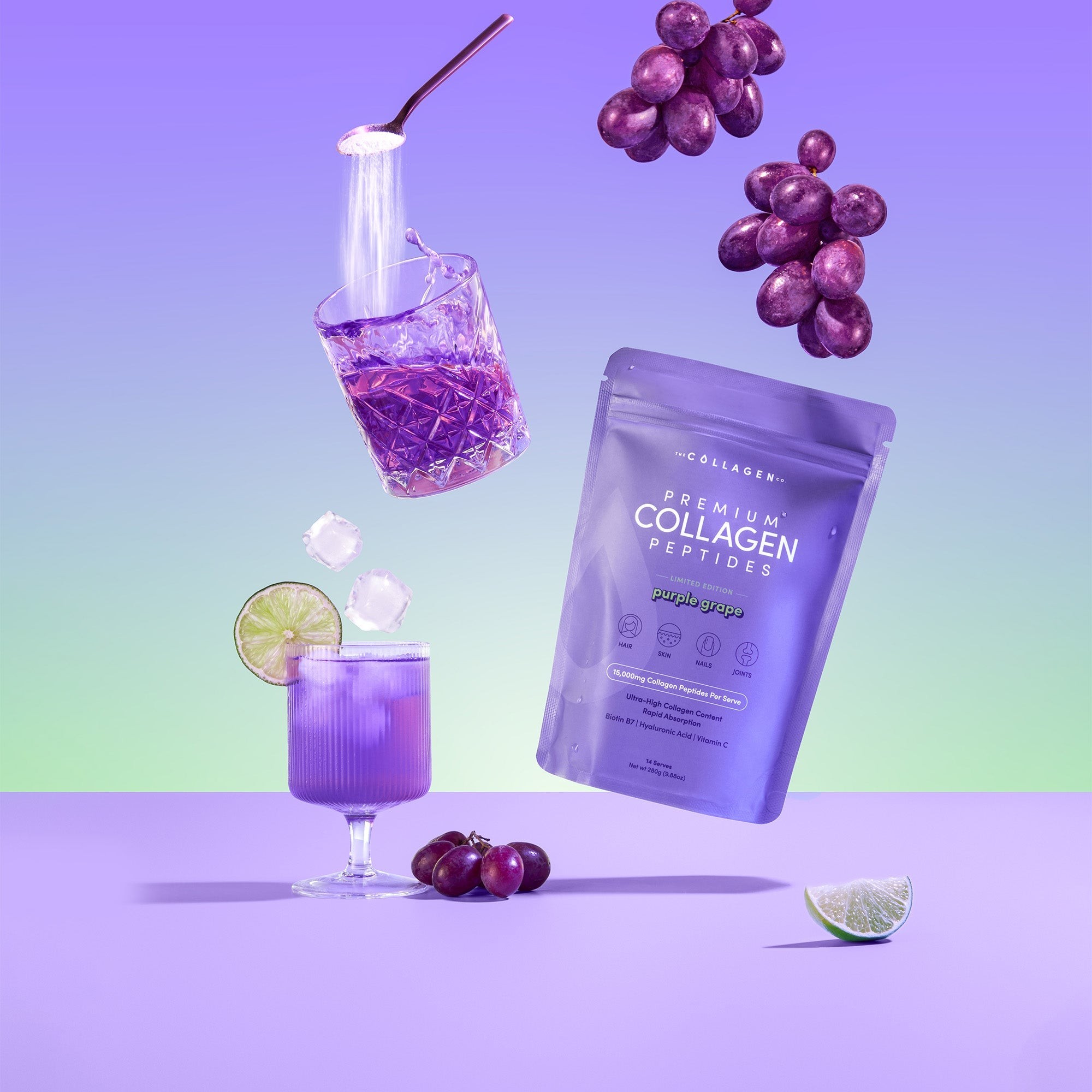 The Collagen Co Purple Grape Collagen Powder in purple background — best gifts for mum to promote skin health and hydration.