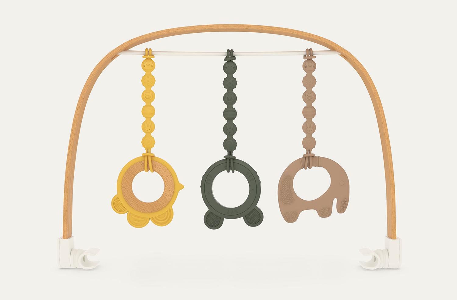 Interactive toy bar with rattle and teether for a newborn baby bouncer to keep infants entertained.