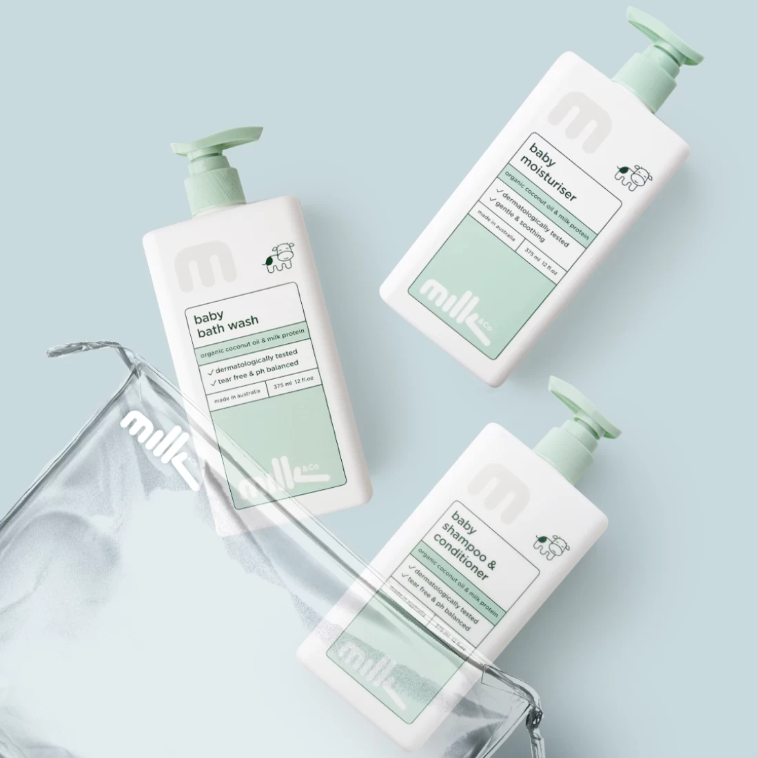 Milkco Baby Cream and Wash trio on soft blue background – trusted best eczema cream for babies