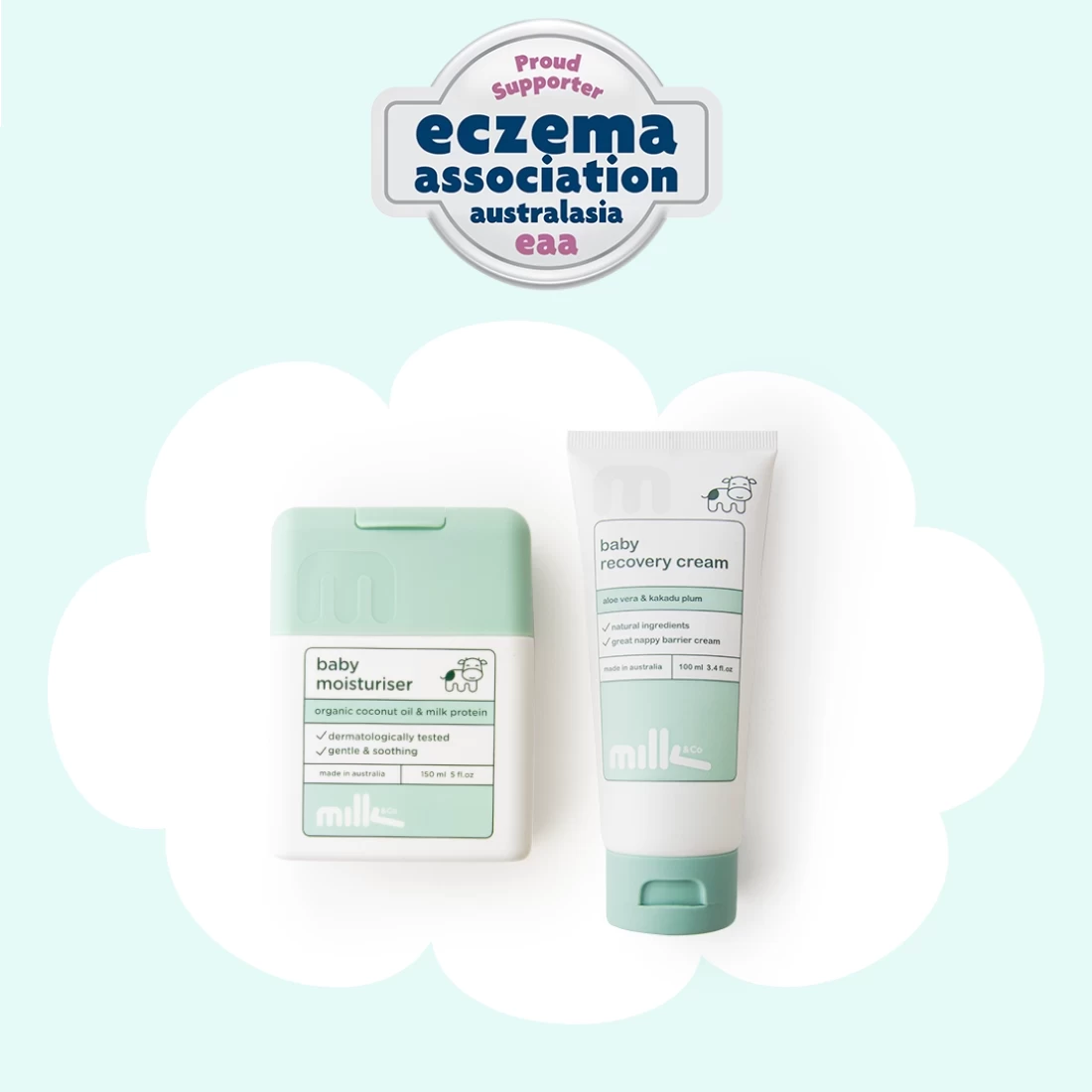 Two bottles of Milk&Co Baby Cream and Wash shown against white and light blue backgrounds – gentle and effective best eczema cream for babies