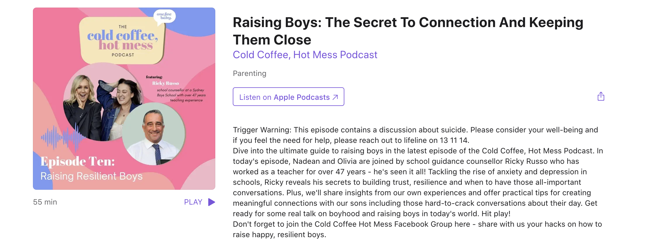 Cover photo for How to Raise a Boy The Boys Parents' Guide and Cold Coffee, Hot Mess Podcast episode on connection and resilience in boys.