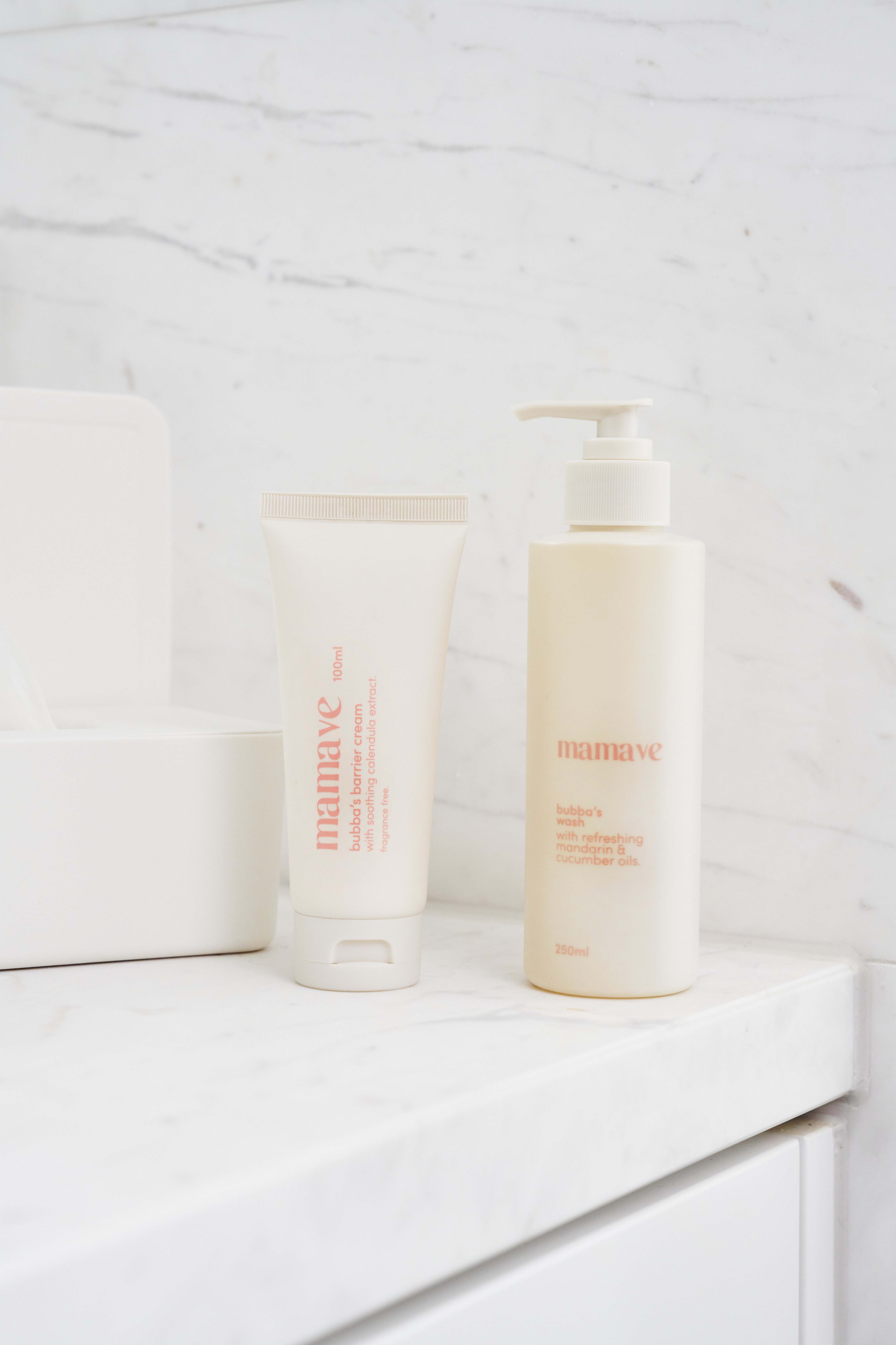 Mamave Bubba Baby Body Wash bottle placed in clean, modern bathroom