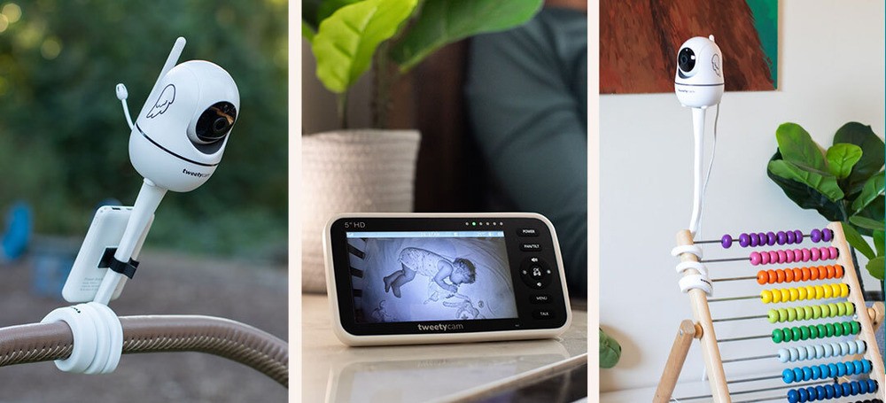 Three angles of Tweetycam Baby Monitor showcasing HD video, night vision, and mobile connectivity – the best baby monitor for modern parenting.