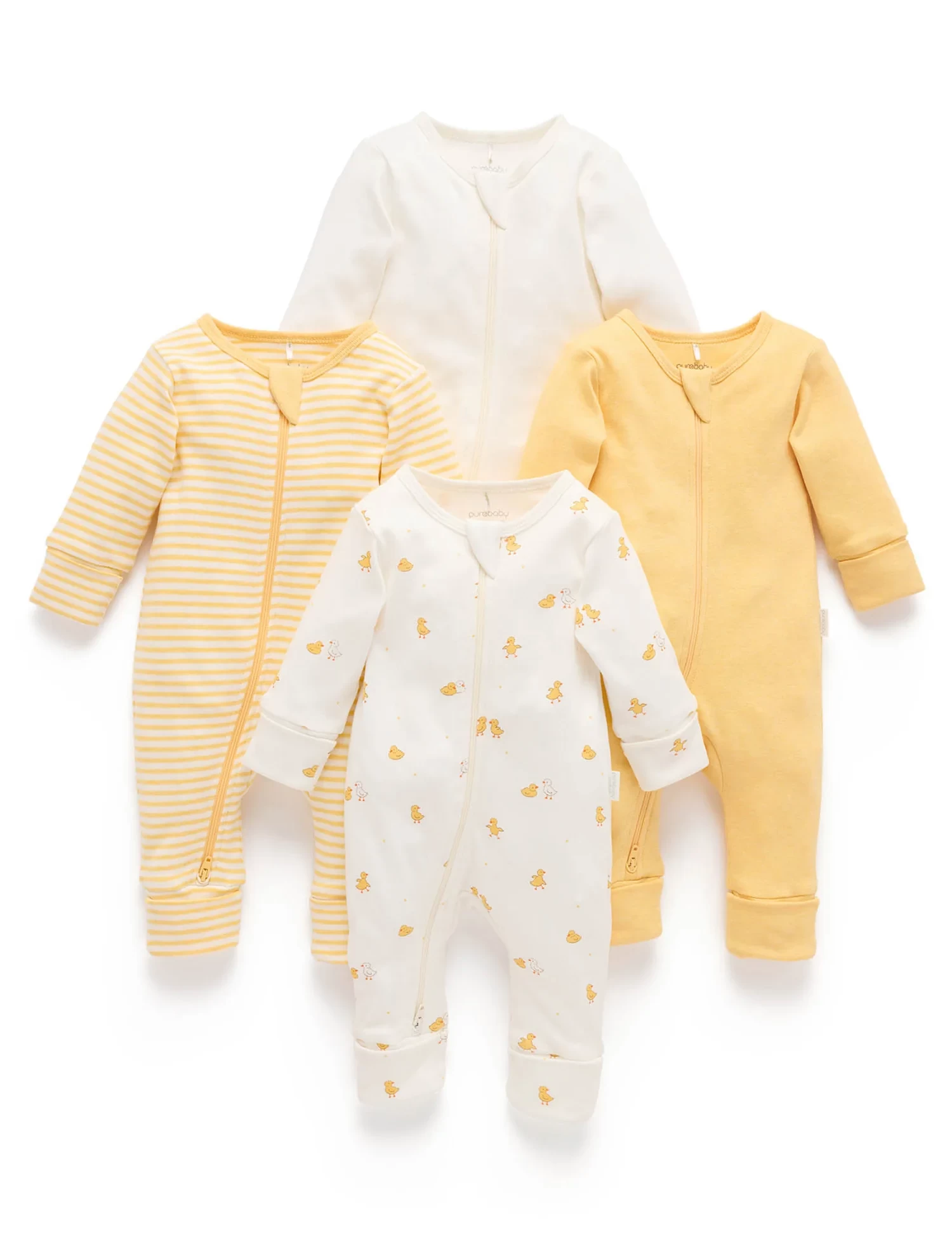 A set of four growsuits by purebaby