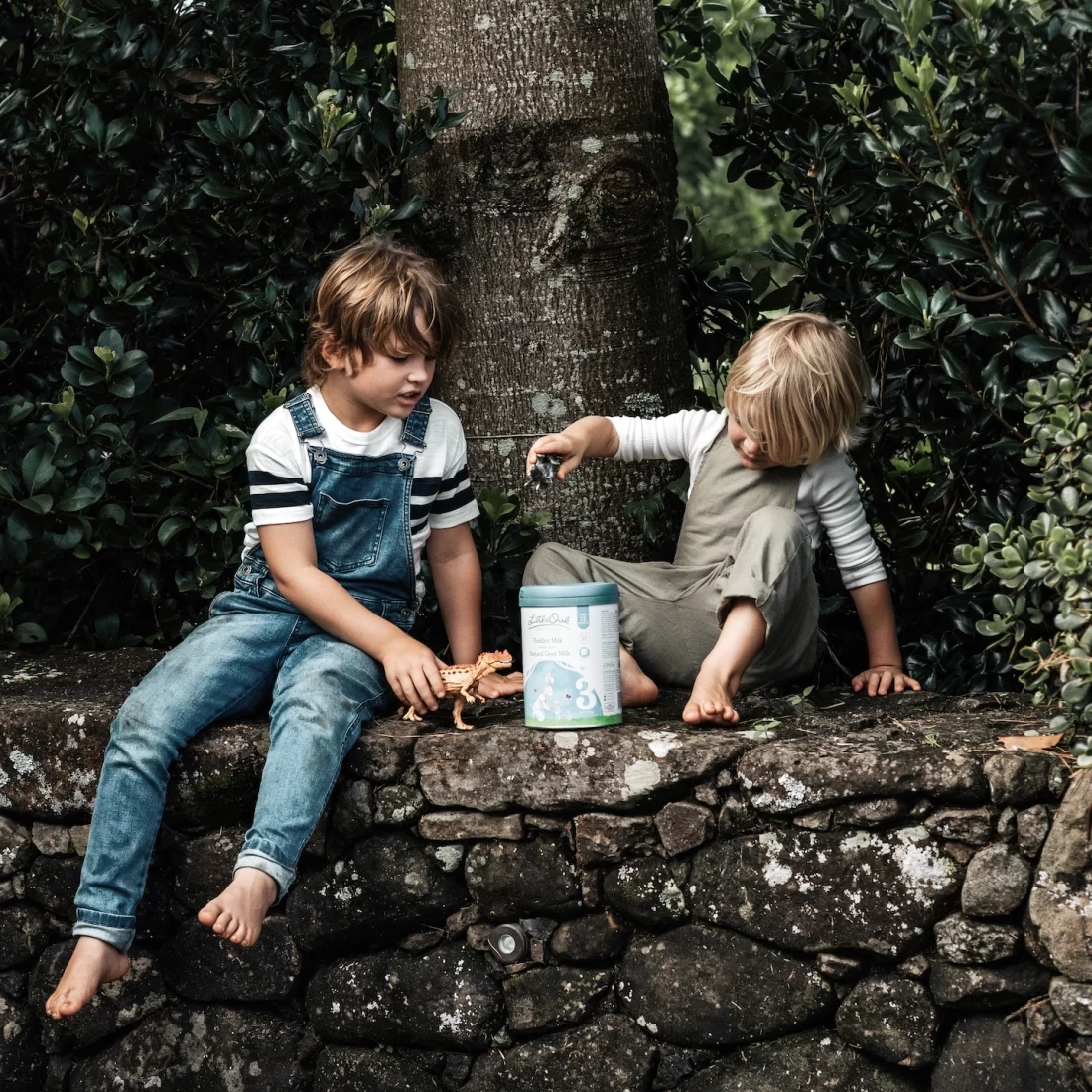Two toddlers sitting with LittleOak Natural Whole Goat's Milk Formula and Toddler Milk – a top choice for the best formula milk in Australia.