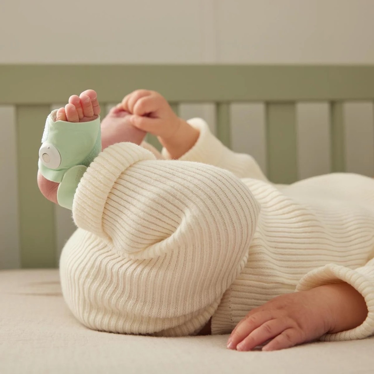 A baby's foot with the Owlet Dream Sock baby monitor on it.