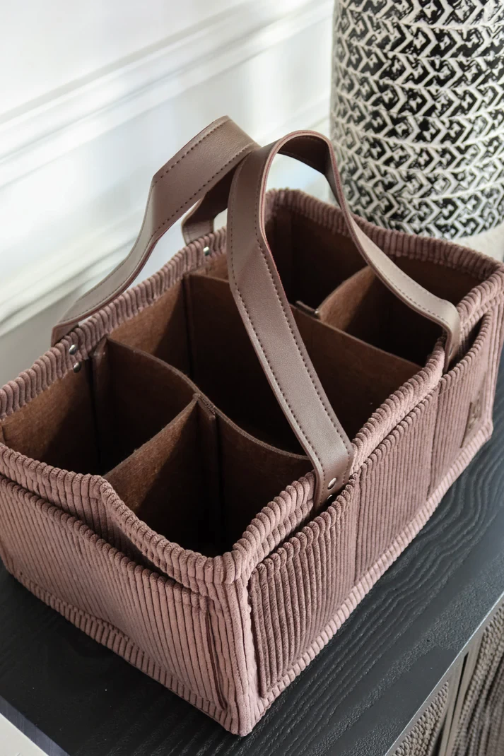 The Gift A Caddy nappy organiser in brown corduroy, shown from above