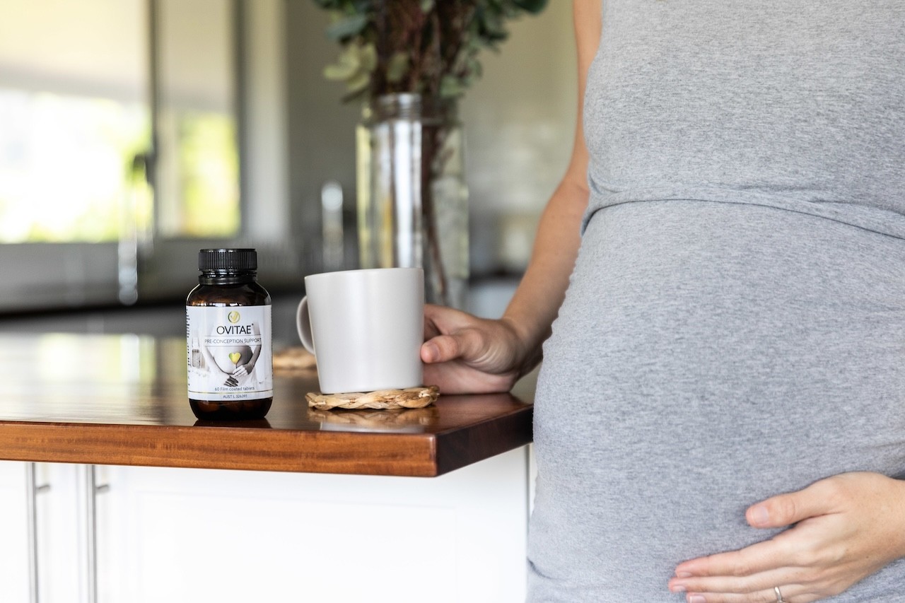 Ovitae prenatal vitamins on a counter top