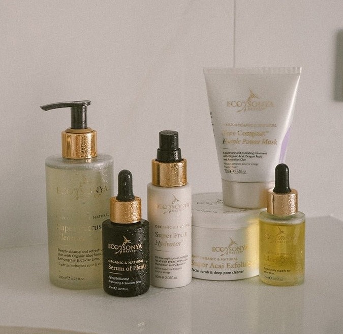 Eco by sonya pregnancy safe skincare shown in a shower setting