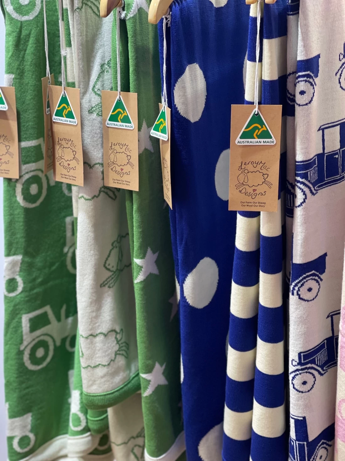 Australian-made best baby blanket collection with tractor, star, stripe and polka dot designs.
