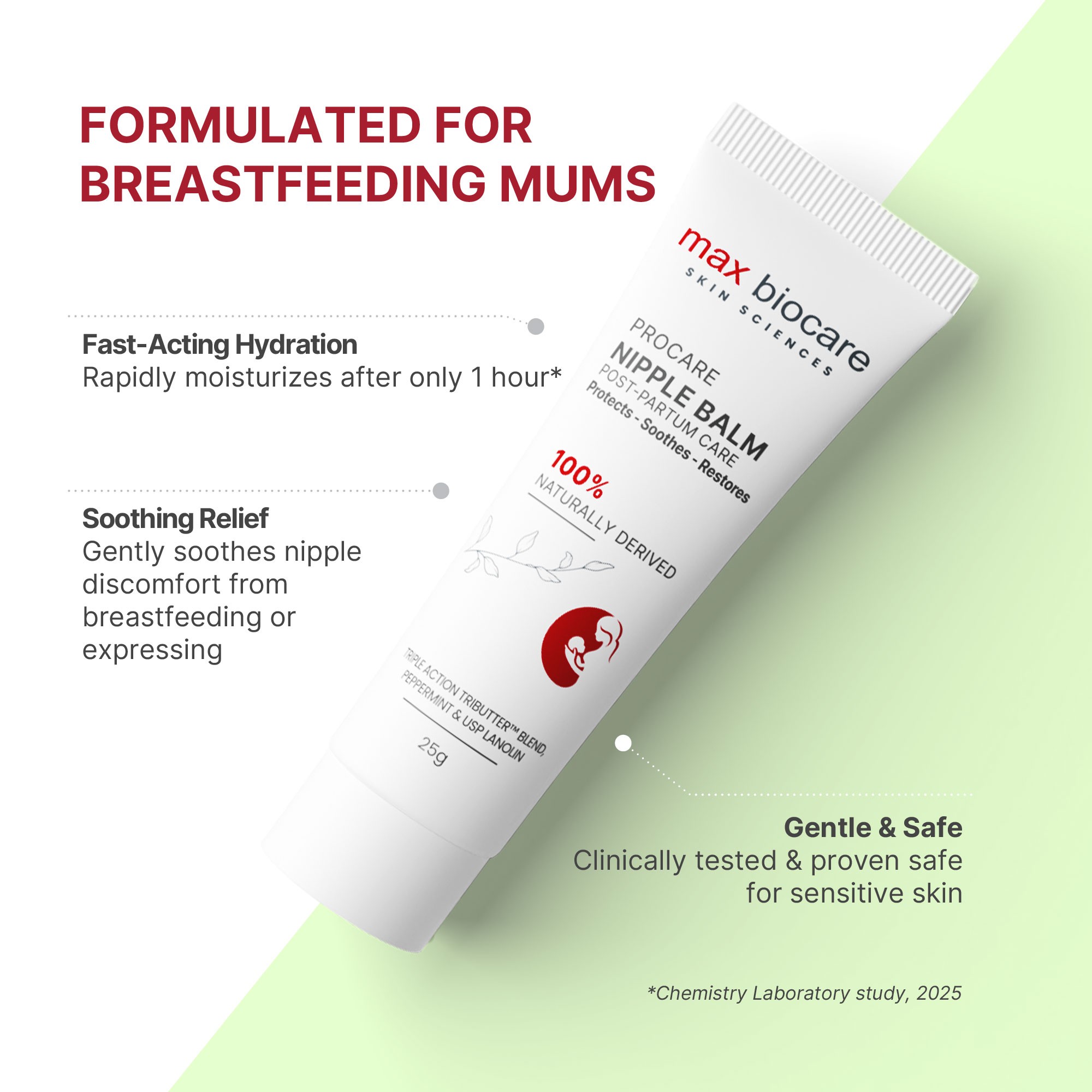 Best gifts for new mums – Max Biocare Procare nipple balm shown with its natural benefits for breastfeeding care