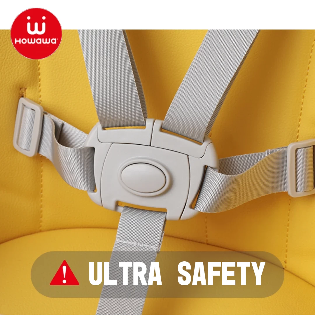 Ultra safety buckle detail on the yellow Howawa Baby best highchair ensuring secure toddler seating
