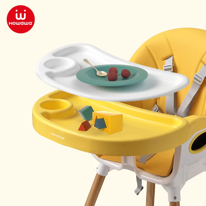 Sturdy and stylish yellow Howawa Baby best highchair shown in close-up on light yellow background.