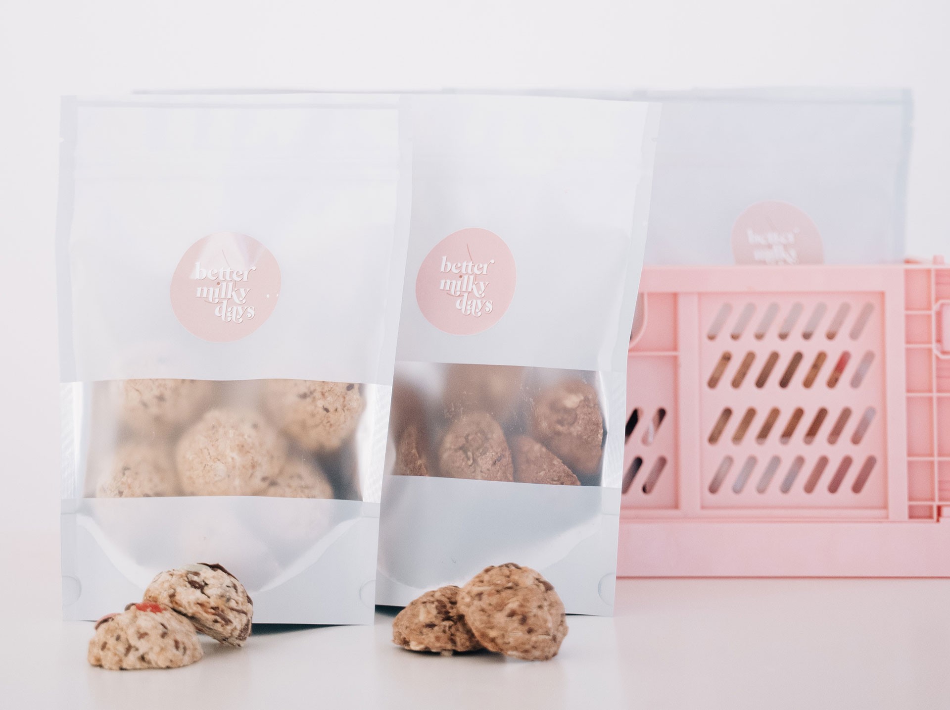 White packaging of Better Milky Days best lactation cookies against white background—premium breastfeeding snack for mums.