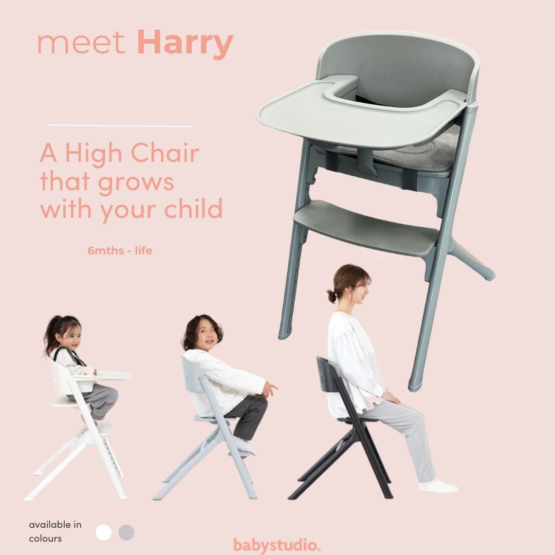 Three different views of the BabyStudio Harry High Chair illustrating its adjustable design for use from toddler to adult.