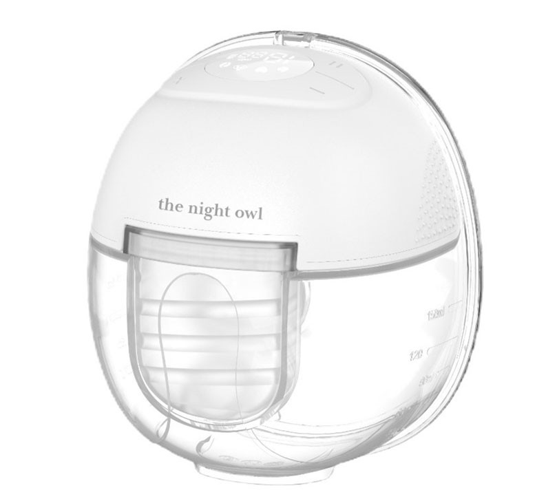 Side view of the Night Owl Mumma Owl wearable Breast pump on a white background.