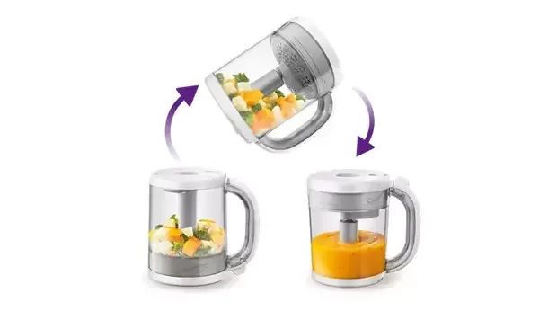 A photo showing the philips avent baby food maker and how it goes from chopping to steaming