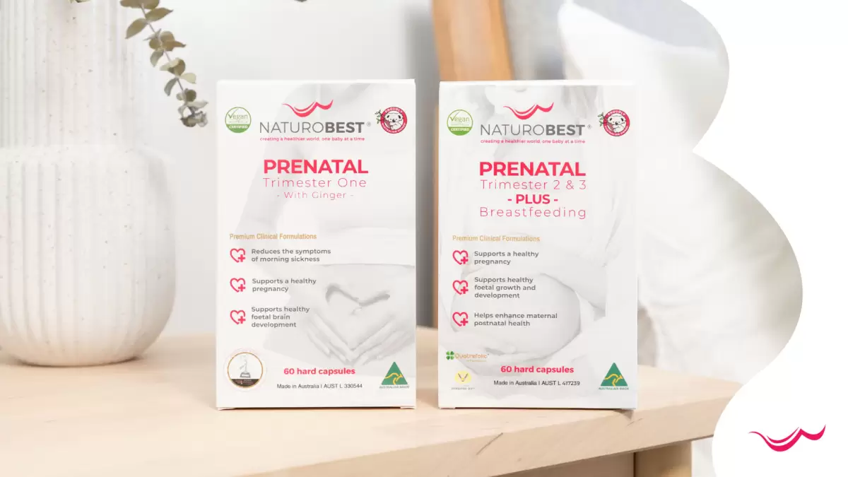 Best energy supplements from NaturoBest – Trimester One with Ginger and Trimester 2 & 3 with Breastfeeding blend shown with floral décor